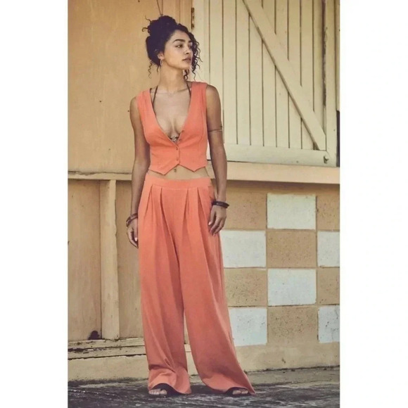 New Free People Beach Roxanne Set Matching Crop Vest Top Wide Leg Pants Orange - Picture 1 of 11
